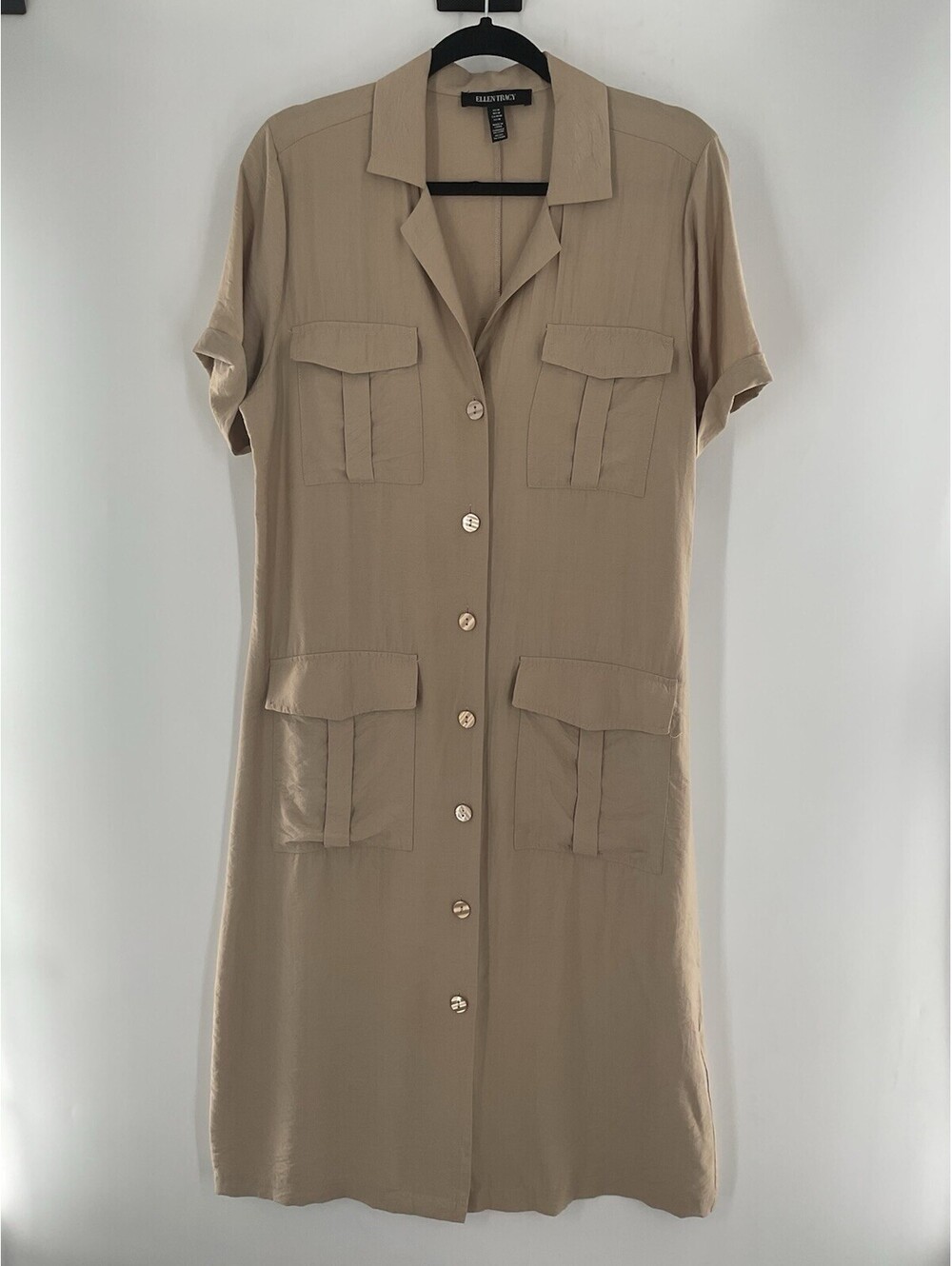 Ellen Tracy Women’s Dress Midi Size Medium Short Sleeve Beige Collared 138